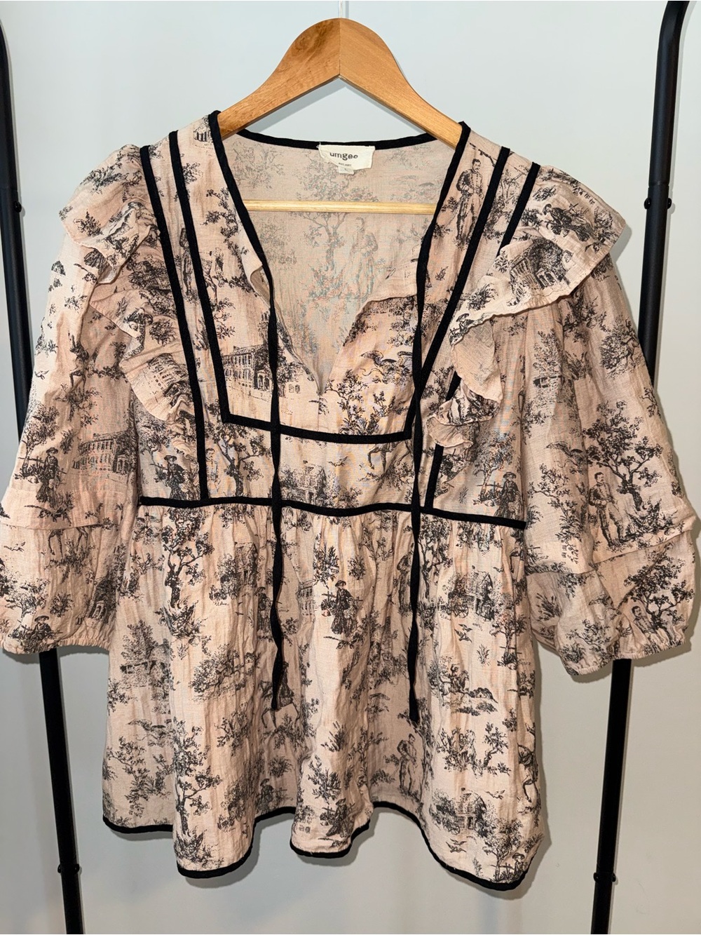 Beige Toile Ruffle Peasant Blouse